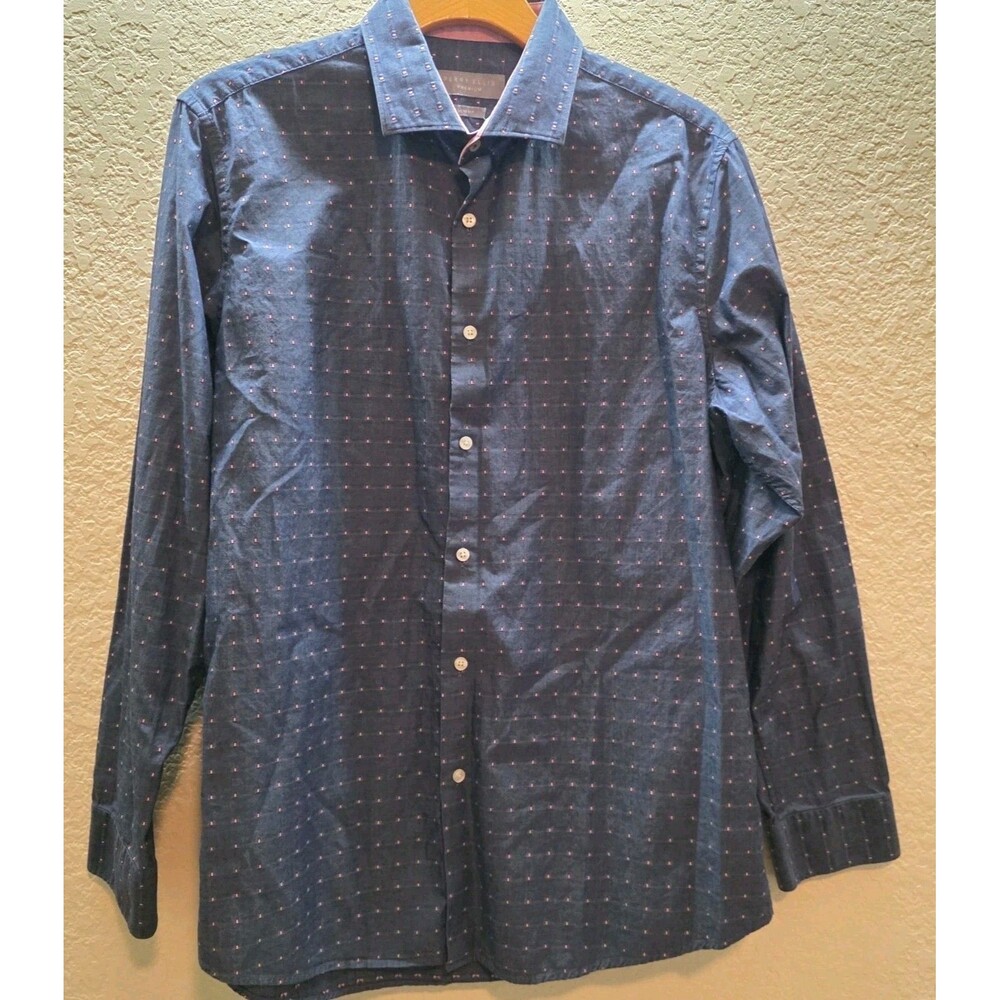 Perry Ellis Premium Slim Fit Blue Geometric Dot Dress Shirt 16 34/35